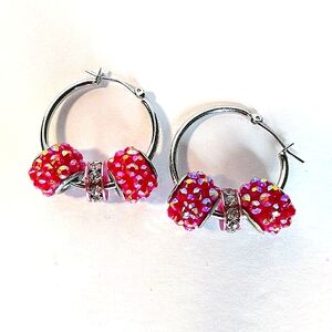 Pink Crystal Metal Lined Beaded Silver Hoop Statement Dangle Drop Earrings